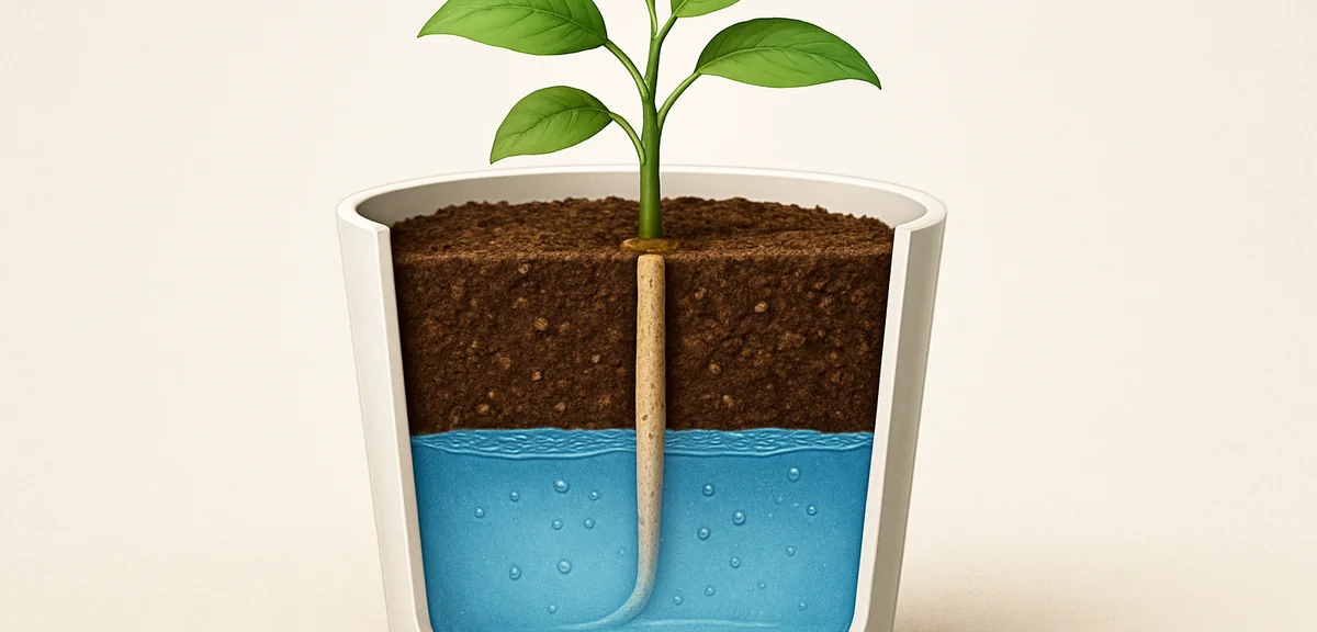 Diagram showing capillary action drawing water from a reservoir up through a wick into the soil of a