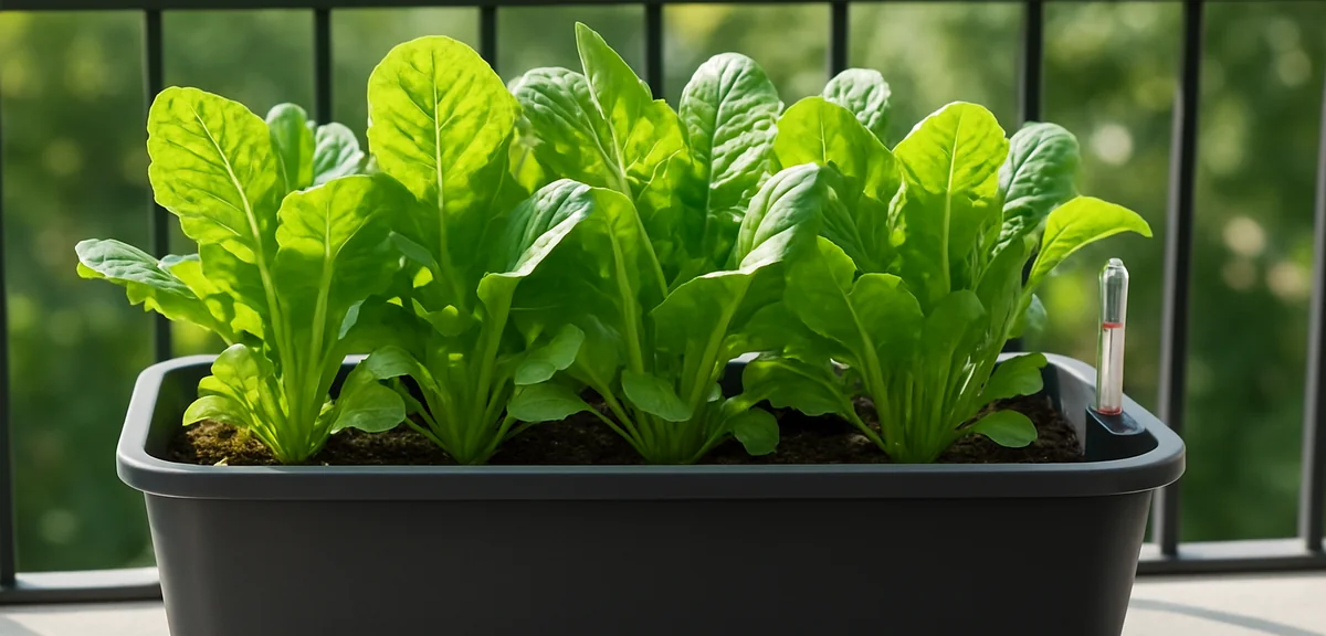 Leafy greens growing vigorously in a self watering planter on a balcony, water level indicator showi