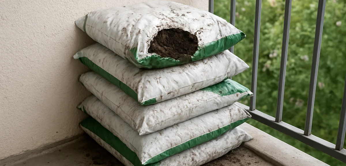 Bags of used potting soil stacked on a balcony corner, illustrating the accumulating disposal proble