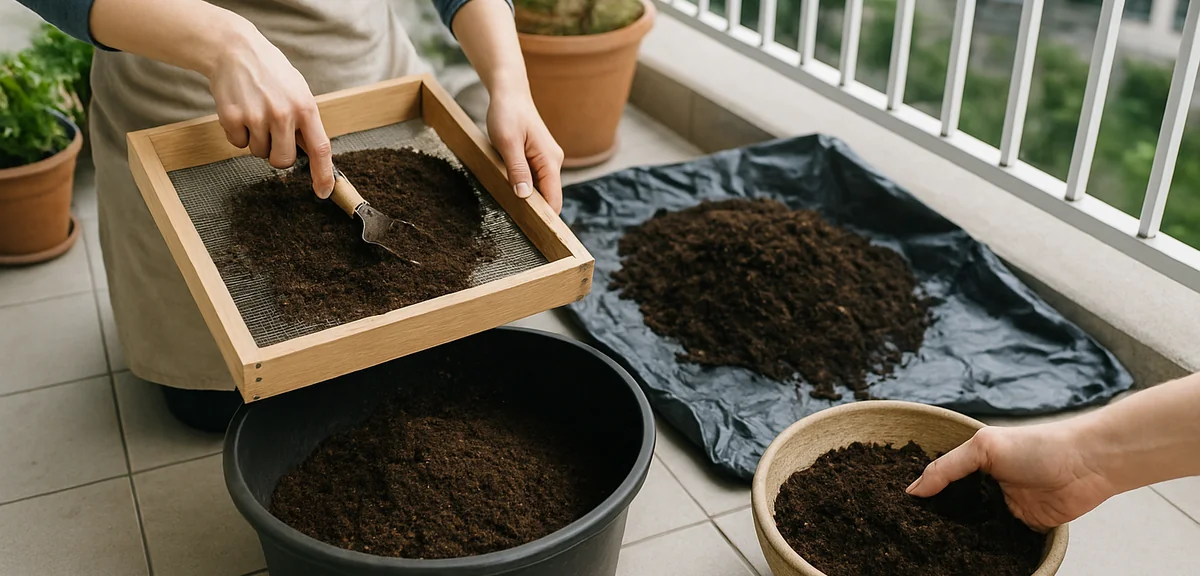 Step by step process of soil regeneration, sifting old soil, black bag solarization, and mixing in c