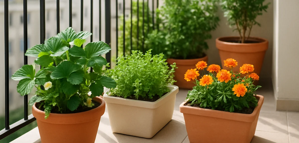 Neatly organized balcony garden with a small number of well maintained planters, showing restrained