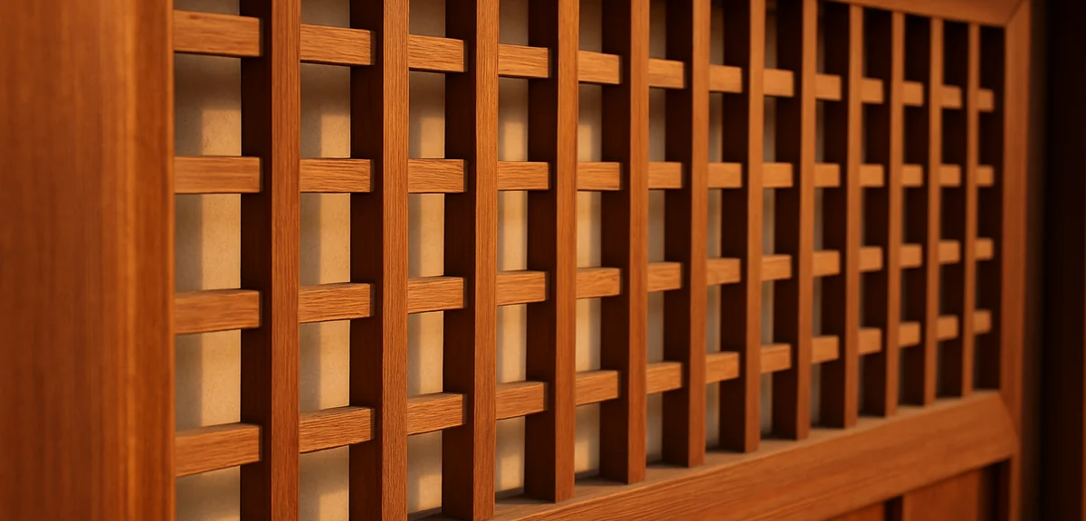 Close-up of a traditional wooden lattice security grille on a Japanese style window, showing the cra