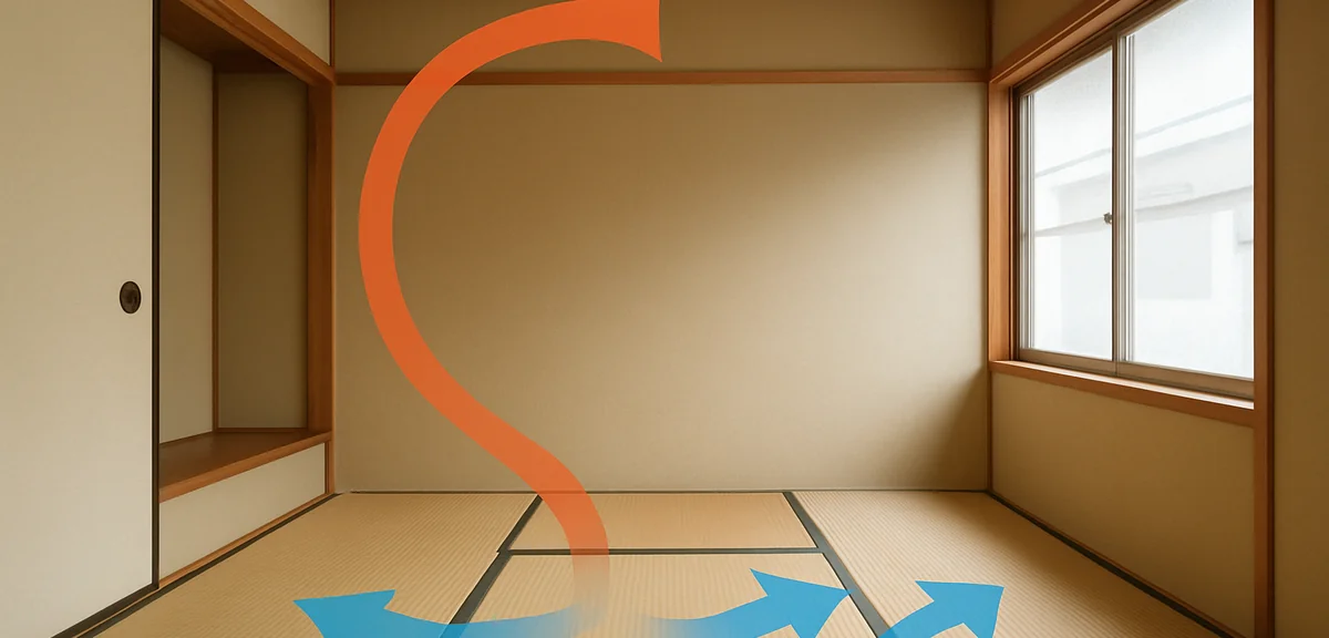 Diagram style illustration of a Japanese tatami room showing cold air coming from the floor and warm