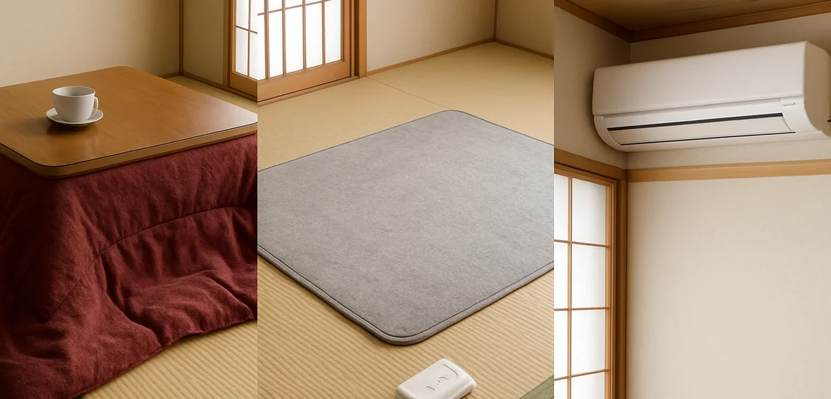 Side by side comparison of a kotatsu, an electric carpet, and an air conditioner in Japanese room se