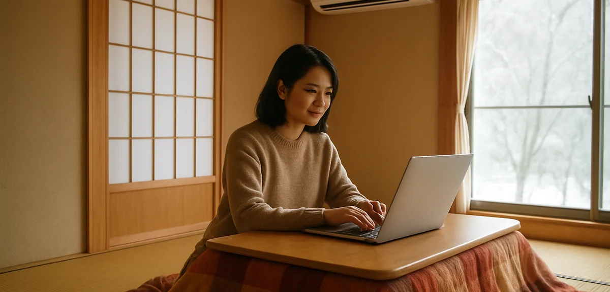 Person sitting at a kotatsu in a warm Japanese tatami room in winter, air conditioner visible above,