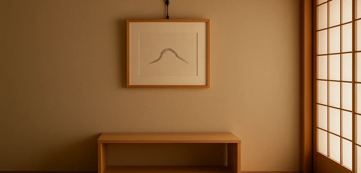 Japanese room showing a nageshi rail hook holding a framed artwork, and a freestanding low display s