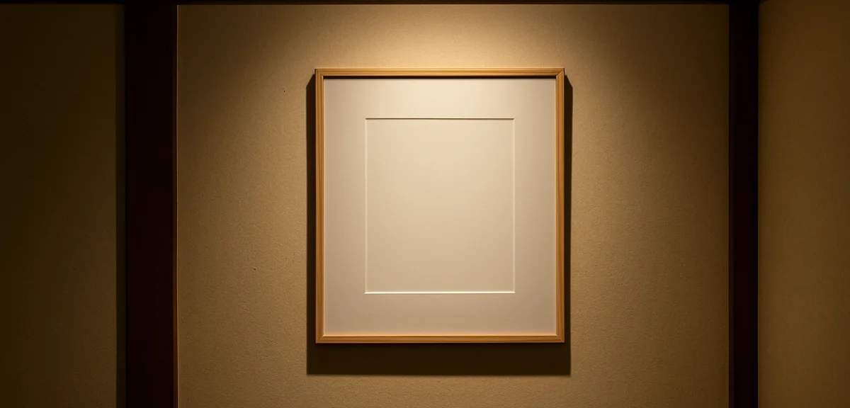 Minimalist framed artwork with wide mat border hanging on a Japanese room wall, illuminated by a sof