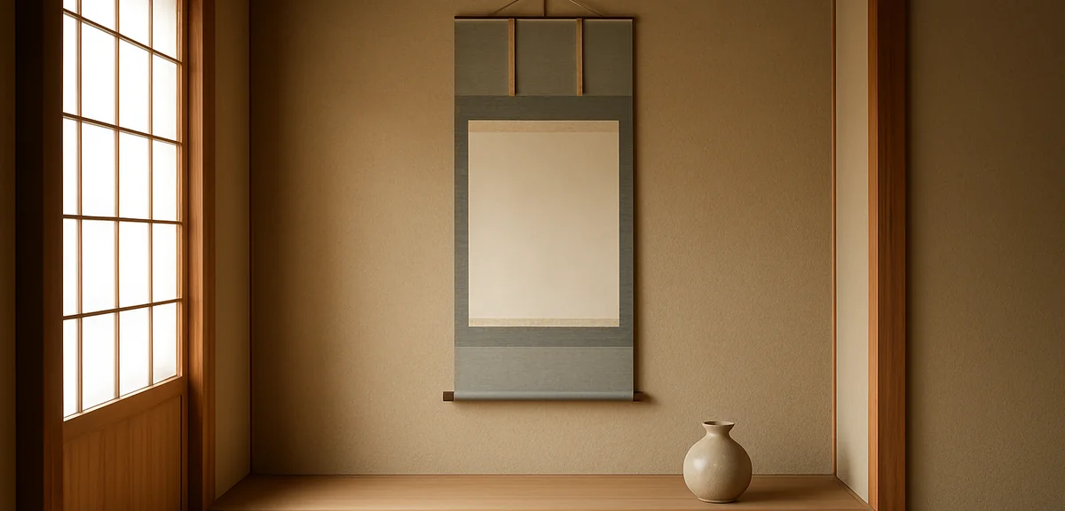 Hanging scroll displayed in a Japanese tokonoma alcove at seated eye level, with a small ceramic vas