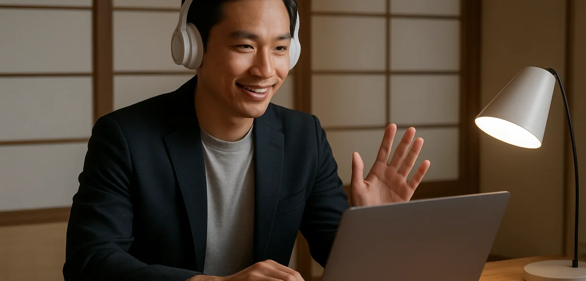 Person on a video call in a Japanese tatami room, shoji screen background, desk lamp providing soft 
