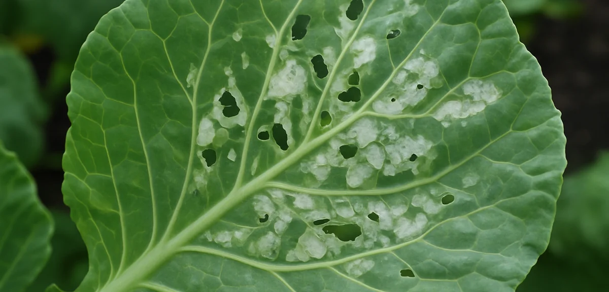 Close-up of cabbage leaf showing translucent white patches where young cutworms have eaten only the 