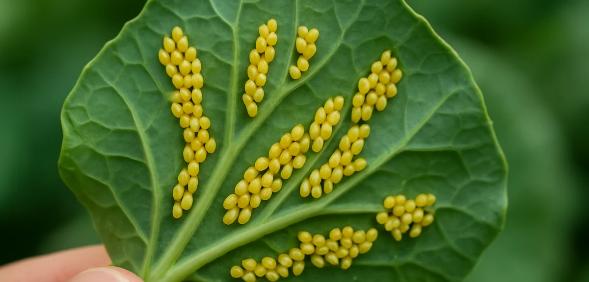 Rows of small yellow egg clusters on the underside of a brassica leaf, held up to show the hidden lo