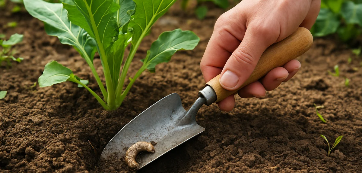 Gardener digging carefully around the base of a vegetable plant with a hand trowel, revealing a curl