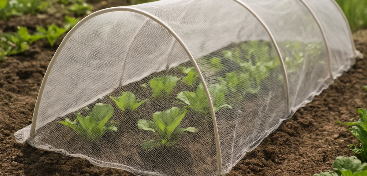 Fine mesh insect netting stretched over hooped supports above a vegetable bed, edges buried in soil,