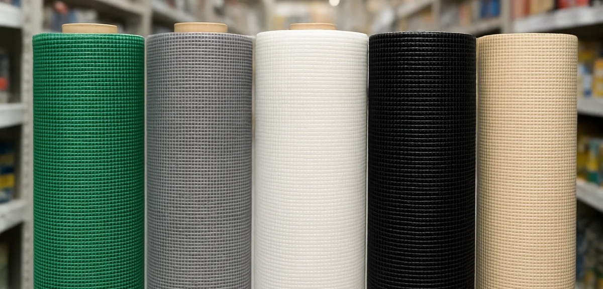 Rolls of different screen mesh materials standing side by side in a hardware store aisle, showing co