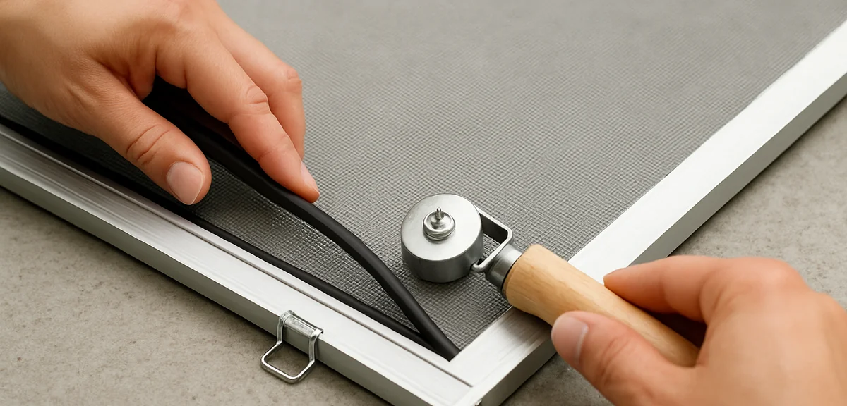 Hands pressing rubber spline into the groove of a screen frame with a roller tool, new mesh held in
