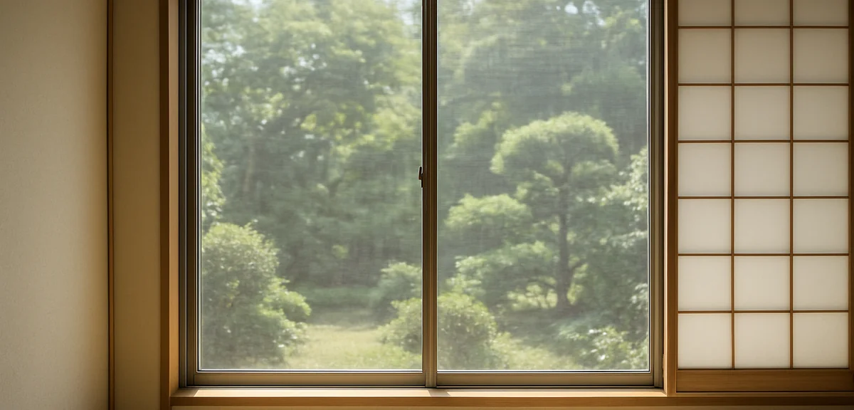 A freshly replaced window screen installed in a Japanese room facing a garden, clean taut mesh, sunl