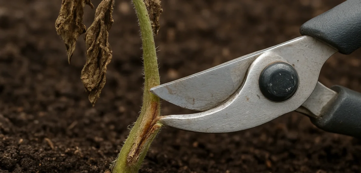 Close up of a wilted tomato stem near the soil line being cut with pruning shears, showing browned v
