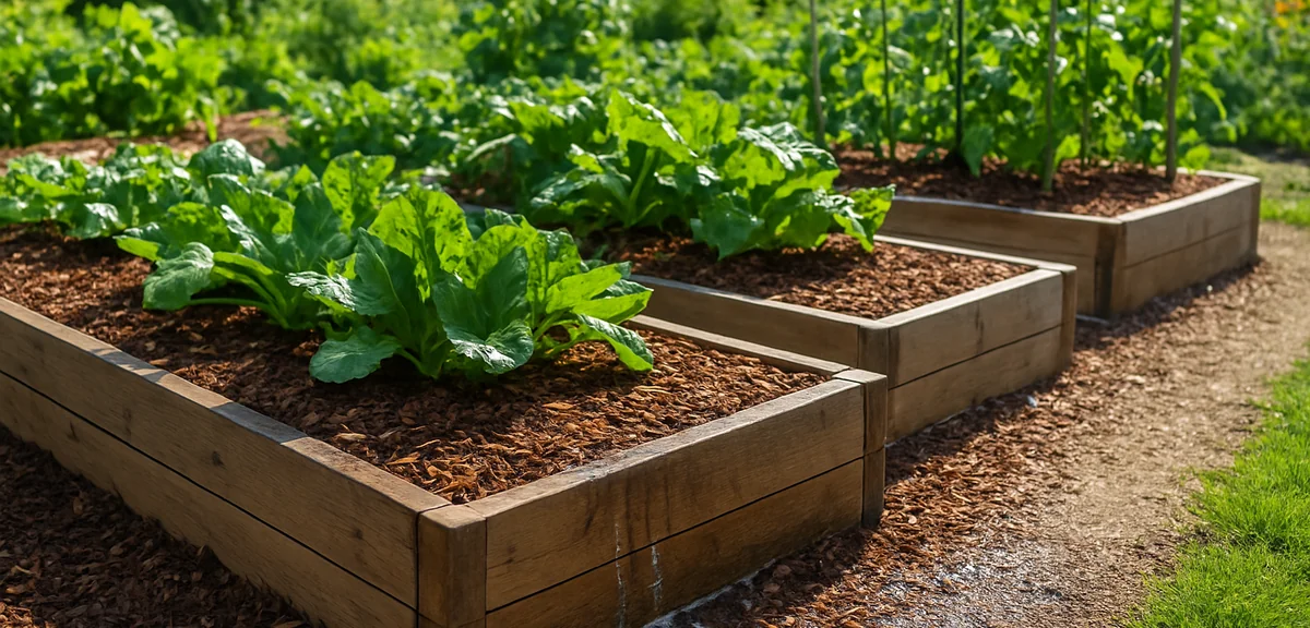 Raised vegetable beds with good drainage and mulch in a sunny summer garden, water running off rathe