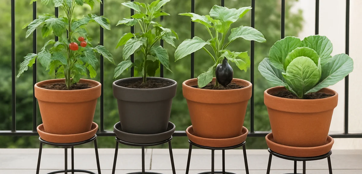Potted vegetable plants raised on stands on a balcony with individual saucers, good spacing and drai