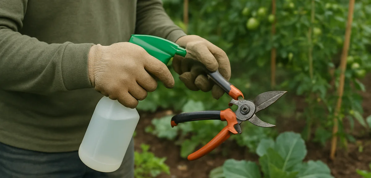 A gardener disinfecting pruning shears with a spray bottle before moving to the next plant in a vege