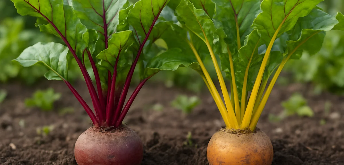 Two beetroot plants side by side, one with deep red stems and one with golden yellow stems, showing 