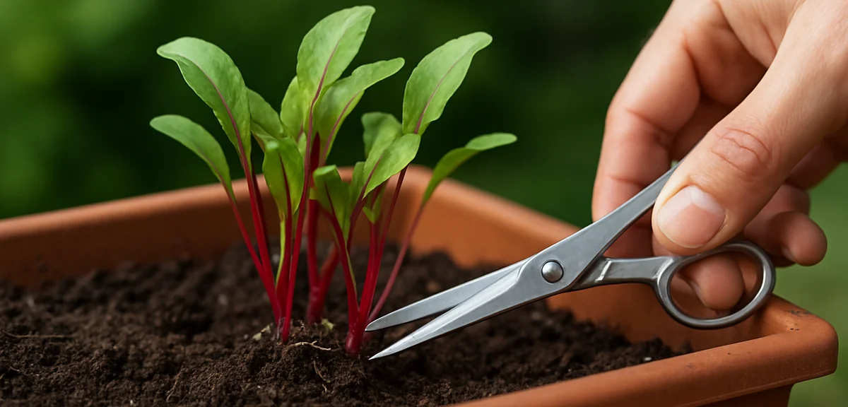 Multiple beet seedlings emerging from a single seed cluster in a planter, with scissors thinning the