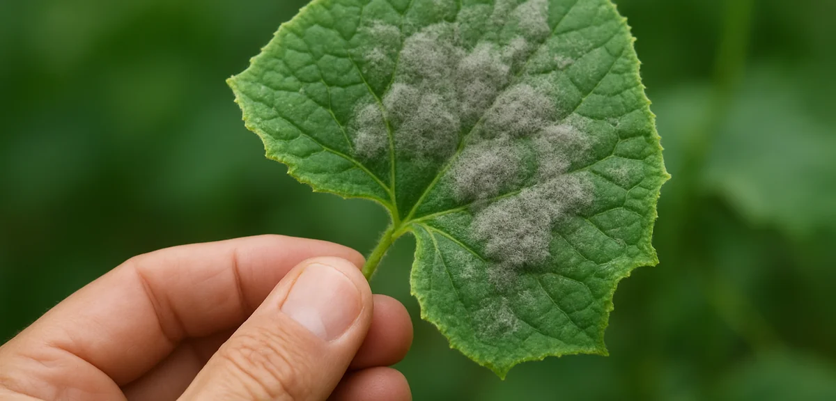 Underside of a cucumber leaf showing grayish fuzzy mold on the lesions, held up by a gardener hand o