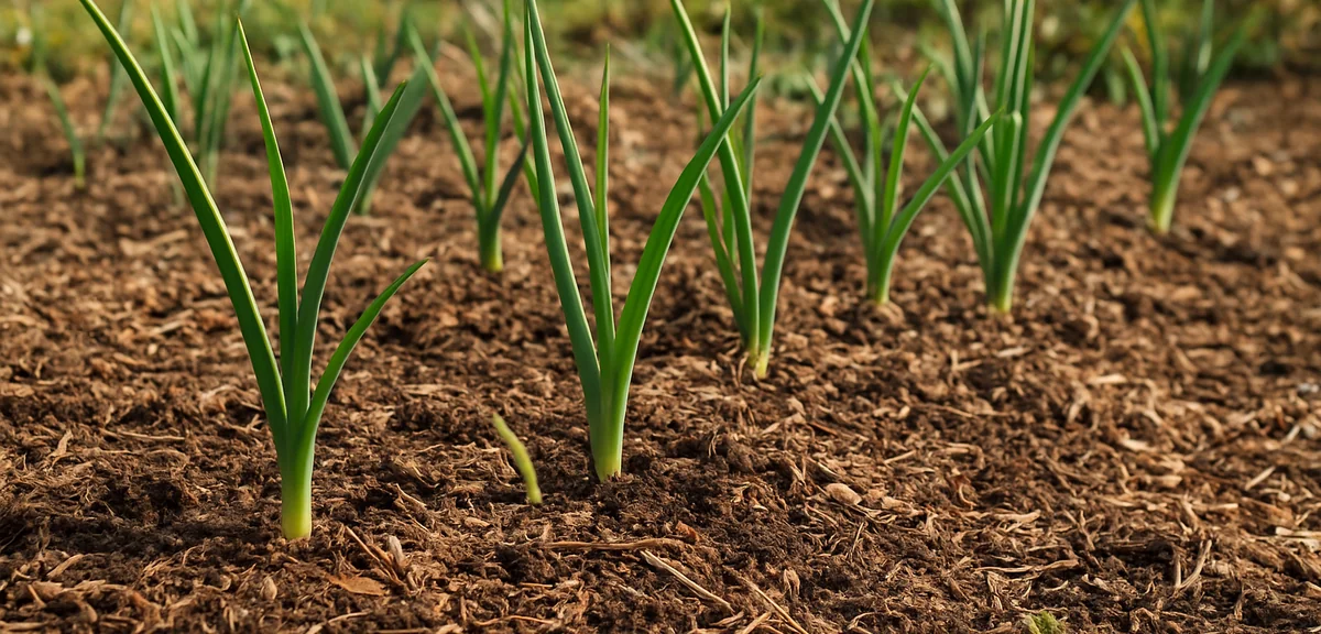 Onion plants in a autumn garden bed with young seedlings recently transplanted, mulch on the soil, c
