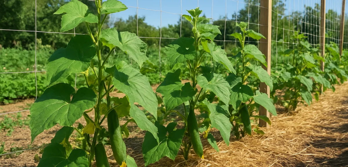 Cucumber plants trained on a net with straw mulch covering the soil beneath and wide spacing between