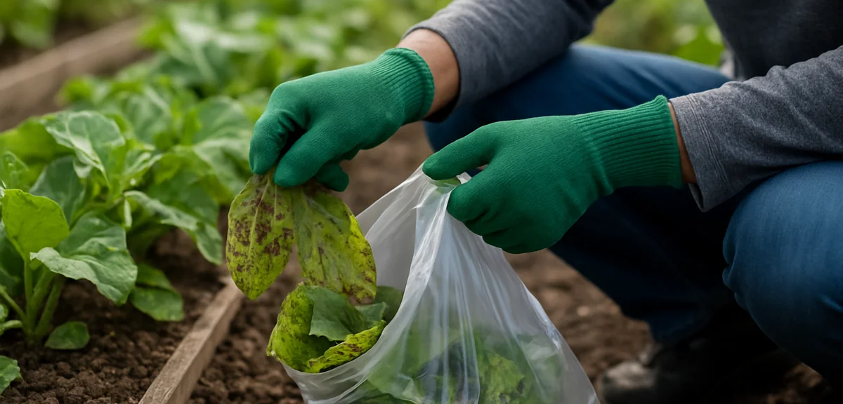 A gardener putting diseased plant leaves into a plastic bag beside a vegetable bed, gloves on, remov