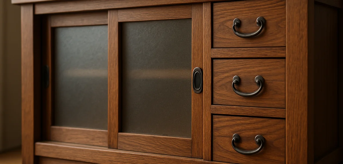 Close up of the sliding glass doors and small drawers of a vintage japanese tea cabinet, showing the