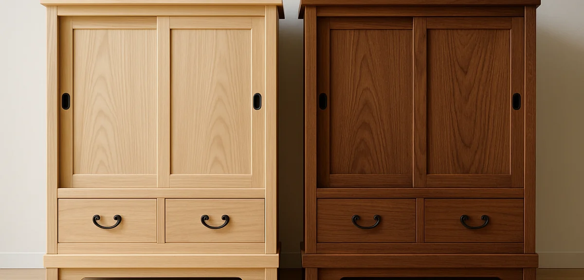 Two japanese wooden cabinets side by side, one light paulownia and one dark zelkova, showing the dif