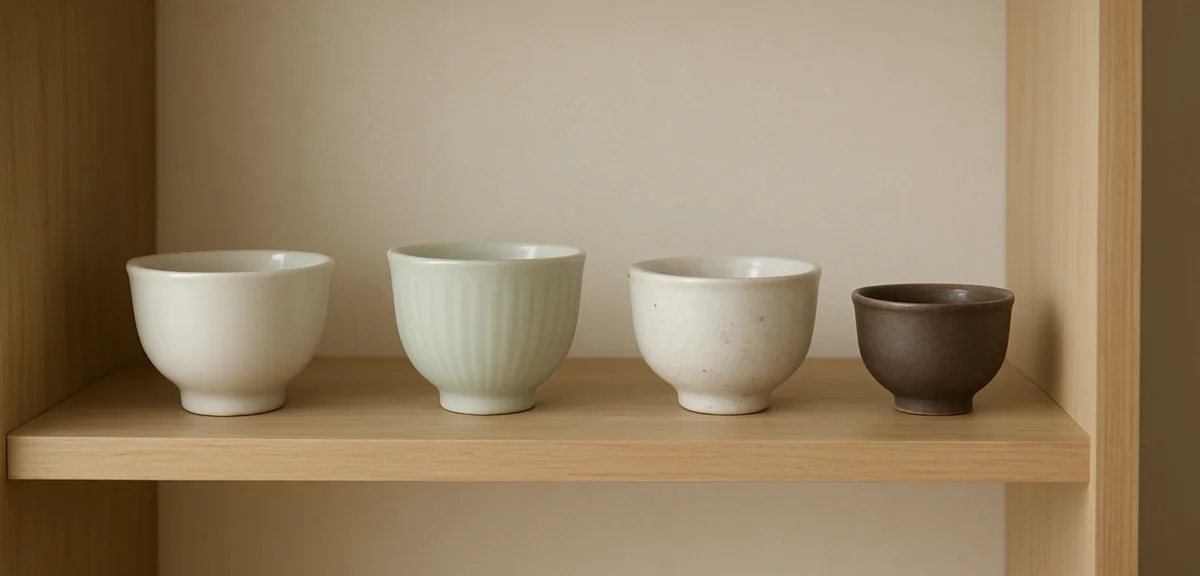 The open glass shelf of a japanese tea cabinet holding a few carefully arranged teacups with empty s