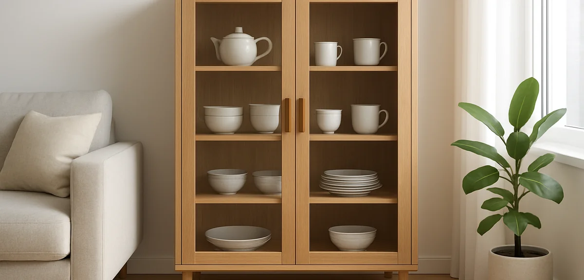 A tea cabinet placed in a modern living room with wooden flooring, holding everyday ceramics behind 