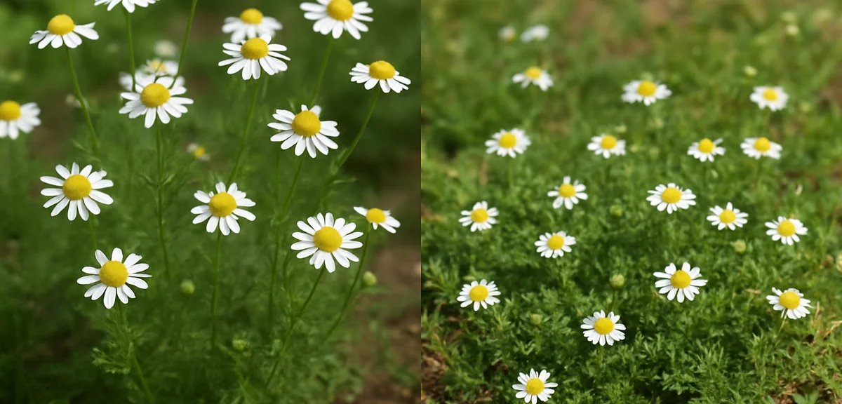 Side by side comparison of German chamomile growing upright with many flowers and Roman chamomile sp