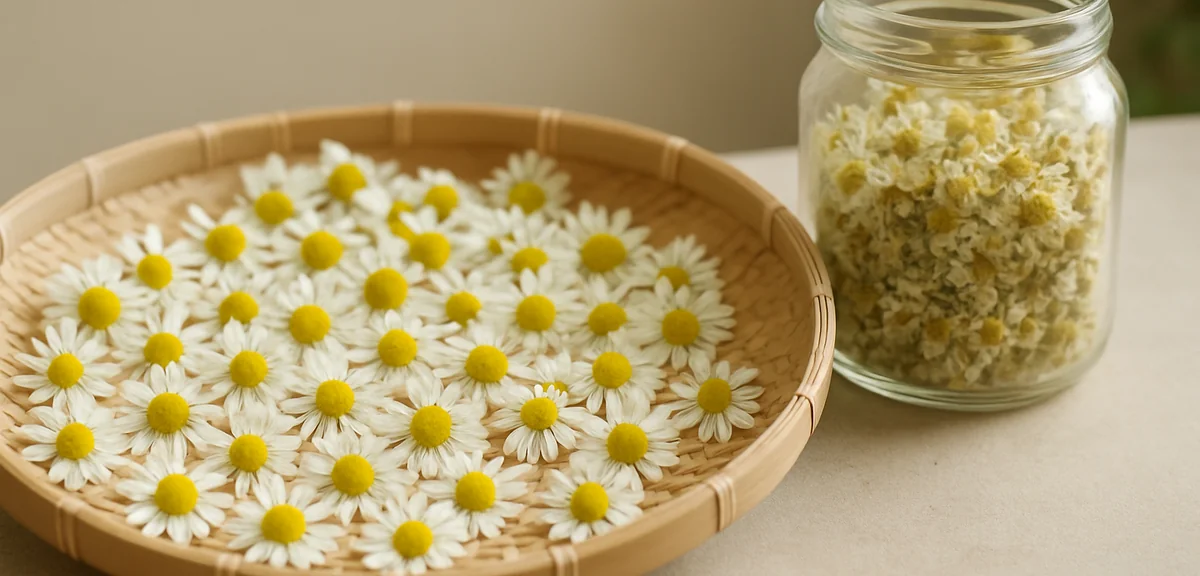 Chamomile flowers spread on a bamboo tray drying in a shaded well ventilated spot, with a glass jar 