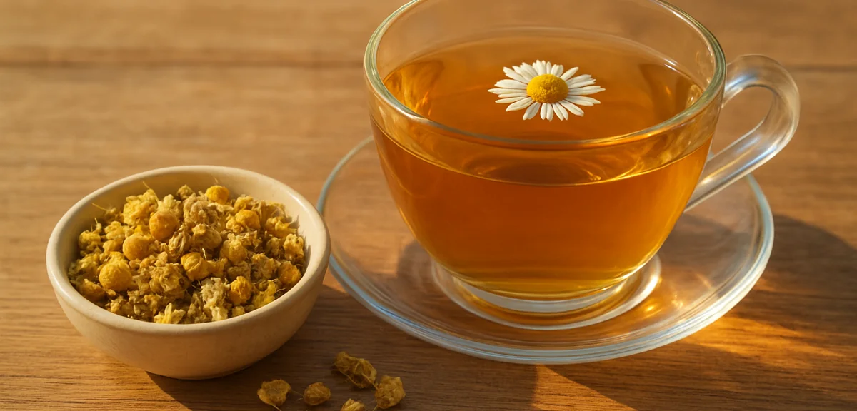 A cup of chamomile tea beside a small dish of dried chamomile flowers on a wooden table, warm aftern
