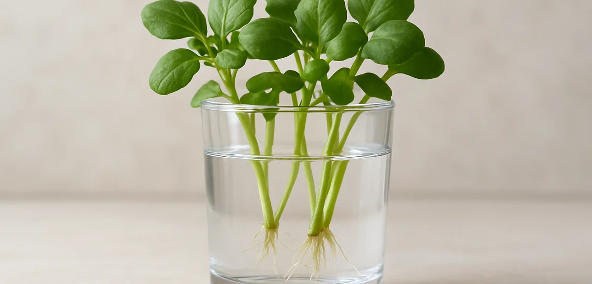 Watercress cuttings with lower leaves removed placed in a glass of shallow water, showing the correc