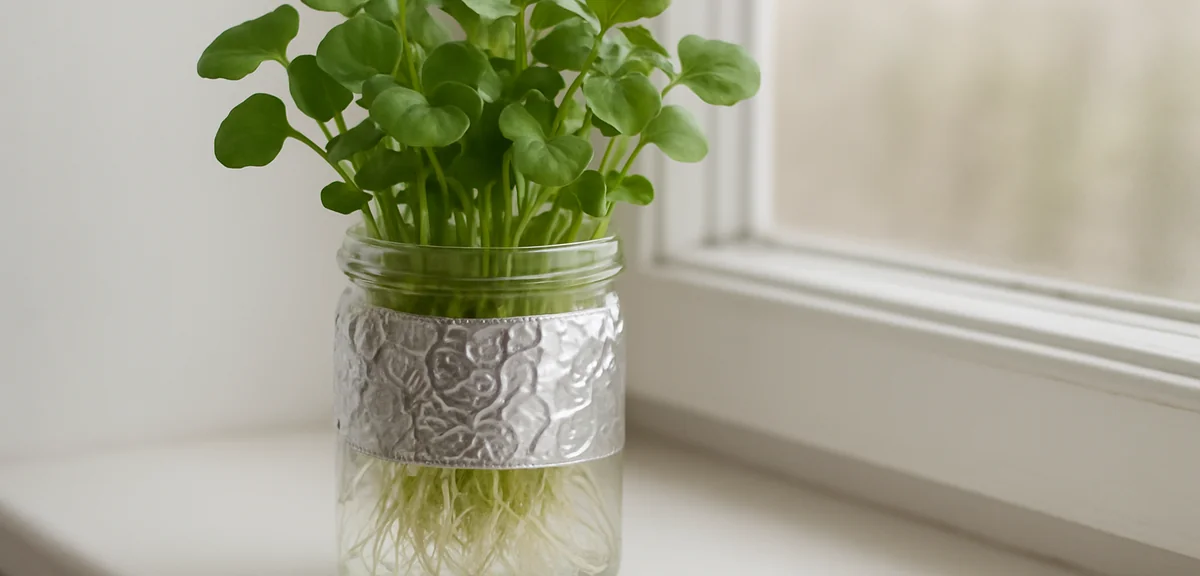 A glass jar wrapped in aluminum foil holding watercress with roots, preventing algae growth, practic
