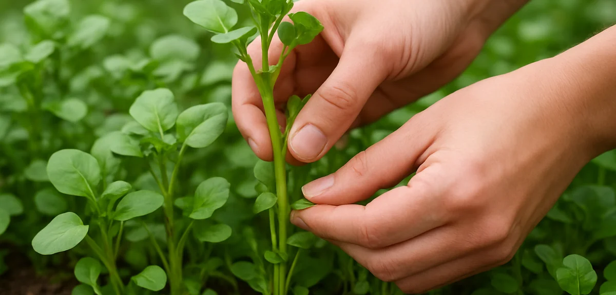 Hands pinching off the top ten centimeters of watercress growth, leaving the lower stem to branch ou