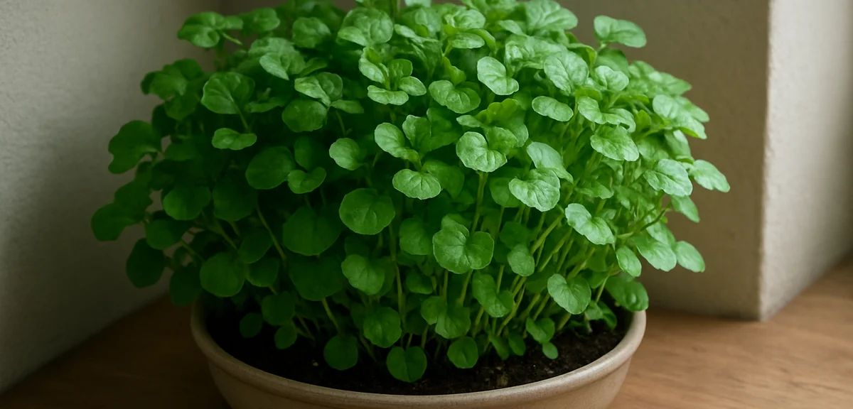 Watercress growing lushly in a shallow container in a shaded corner of a room, healthy dense green l