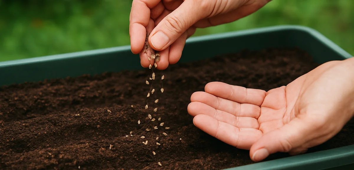 Dill seeds being sown directly into a deep planter with spacing marked, hands scattering seeds thinl