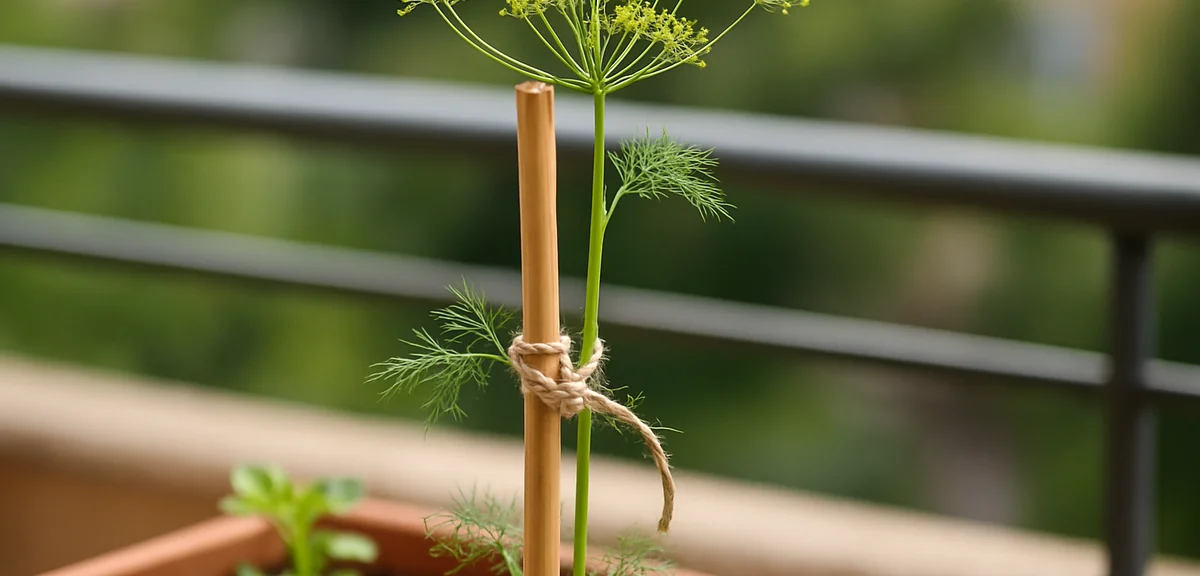 A tall dill plant supported by a bamboo stake tied with twine in a balcony planter, showing the corr