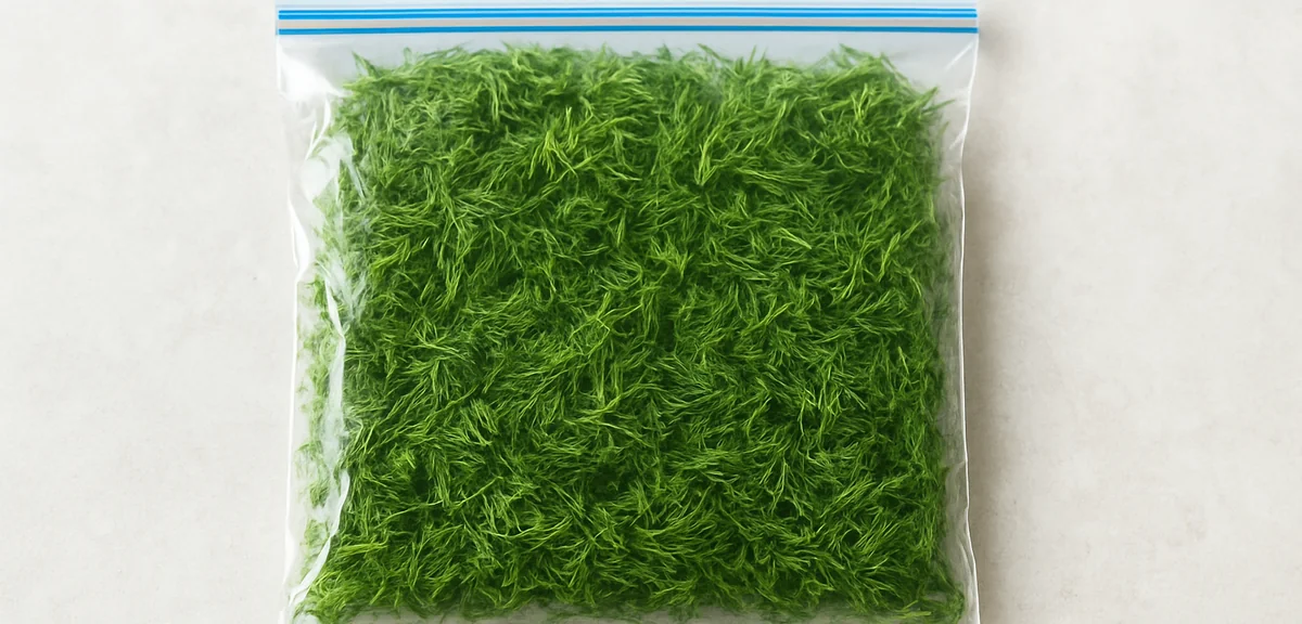 Chopped fresh dill portioned into a freezer bag laid flat, the recommended storage method, clean kit