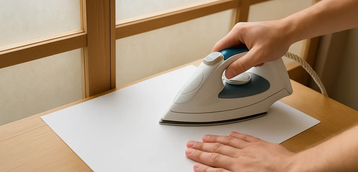 Hands pressing an iron slowly from the center toward the edge of new paper on a sliding door panel, 