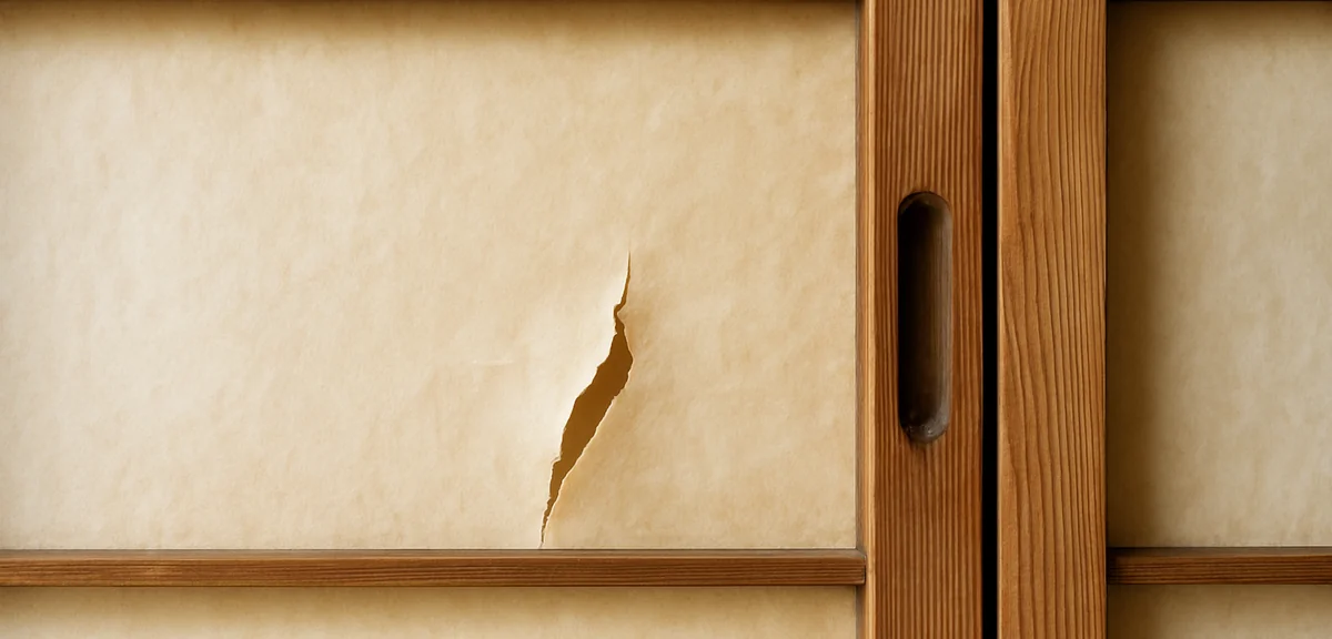 A close up of an old sliding door panel showing yellowed sun faded paper and a small tear near the h
