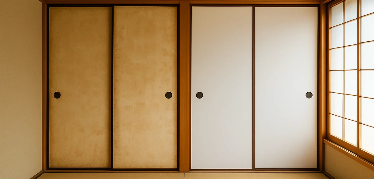 A freshly repapered set of sliding doors in a tatami room looking clean and bright, before and after