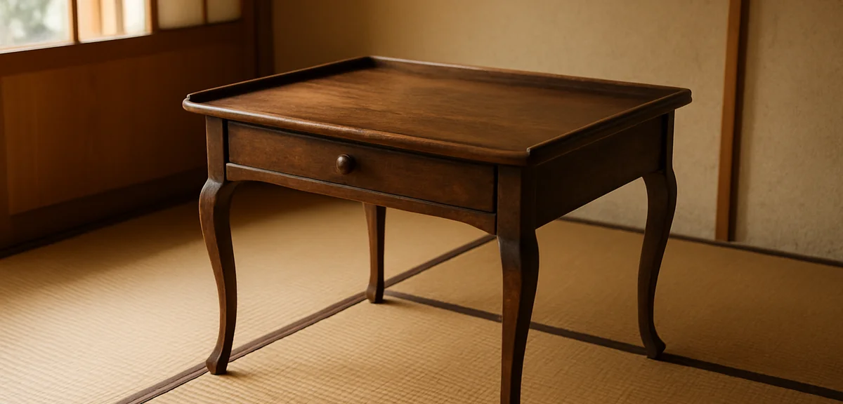An antique wooden writing desk with slightly raised edges on its top surface, placed on tatami in a 
