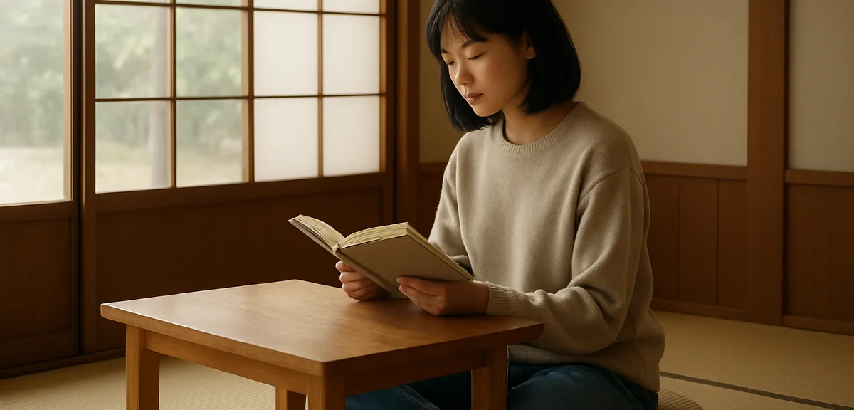 A person sitting on a floor cushion reading a book at a low wooden desk near a window in a japanese 
