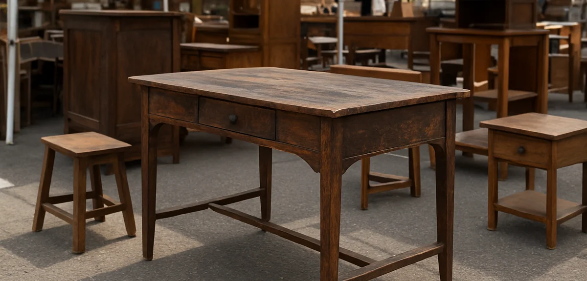 A weathered antique low writing desk displayed at a japanese flea market among other old wooden furn